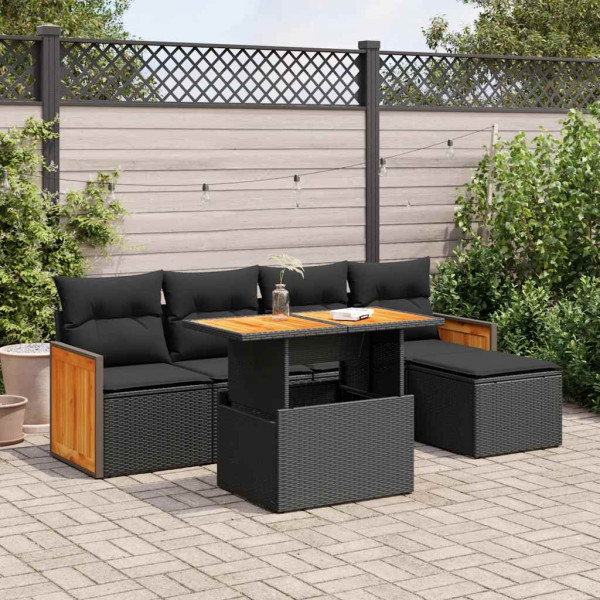 Set sofás jardín y cojines 6 pzas ratán sintético acacia negro Set sofás jardín y cojines 6 pzas ratán sintético acacia negro D