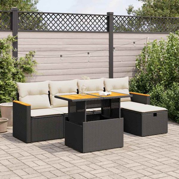 Set de sofás de jardín 6 piezas y cojines ratán sintético negro D