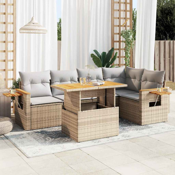 Set sofás jardín y cojines 5 pzas ratán sintético acacia beige D