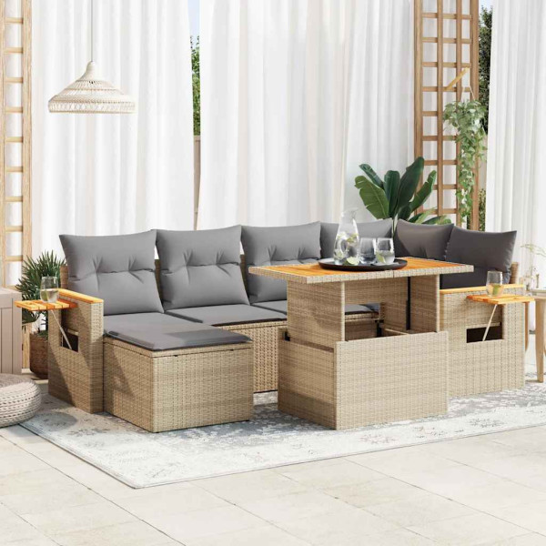 Set sofás jardín y cojines 7 pzas ratán sintético acacia beige D