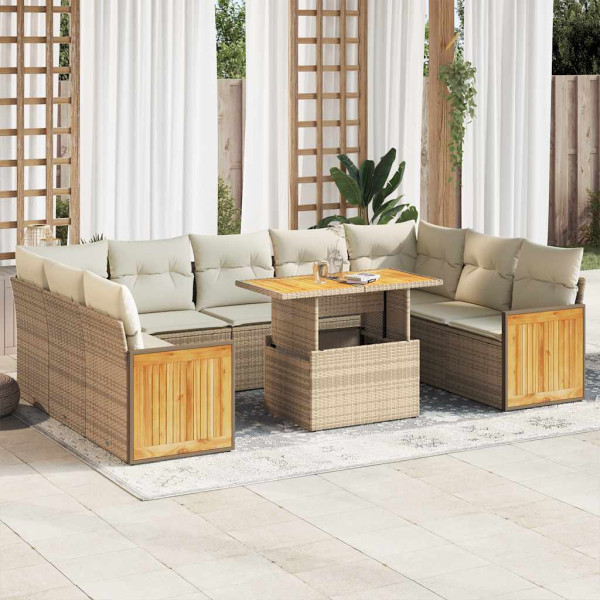 Set sofás jardín y cojines 10 pzas ratán sintético acacia beige D