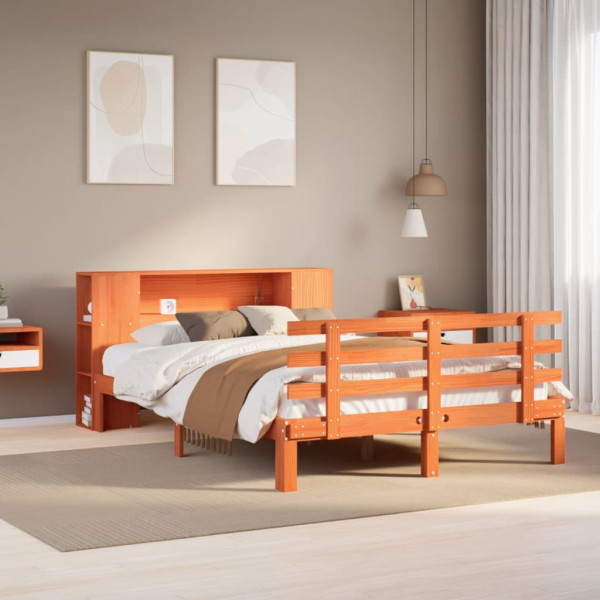 Cama con estantería sin colchón madera maciza marrón 140x190 cm Cama con estantería sin colchón madera maciza marrón 140x190 cm D