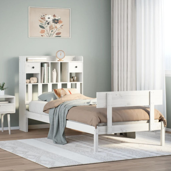 Cama con estantería sin colchón madera maciza blanca 100x200 cm D