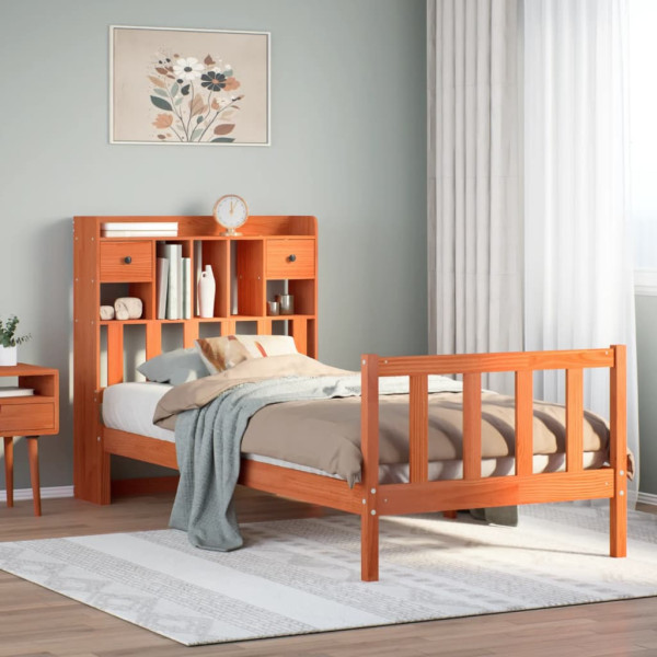 Cama con estantería sin colchón madera maciza marrón 90x190 cm Cama con estantería sin colchón madera maciza marrón 90x190 cm D