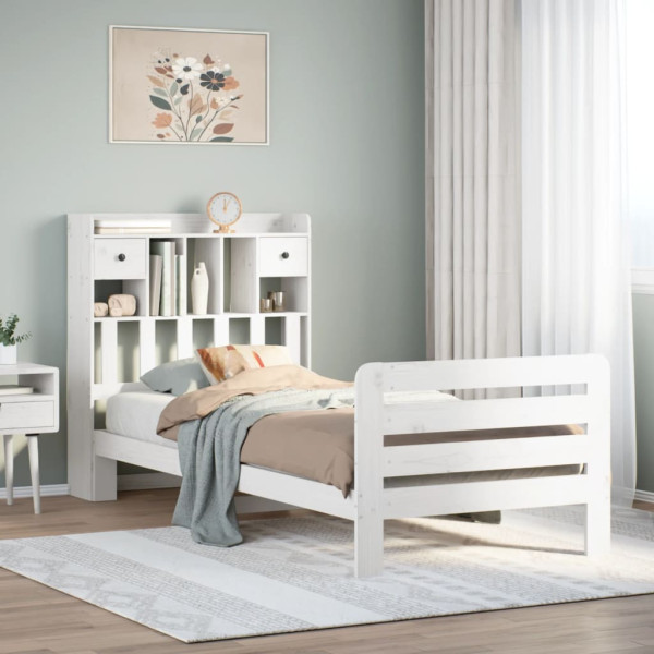 Cama con estantería sin colchón madera maciza blanca 75x190 cm Cama con estantería sin colchón madera maciza blanca 75x190 cm D