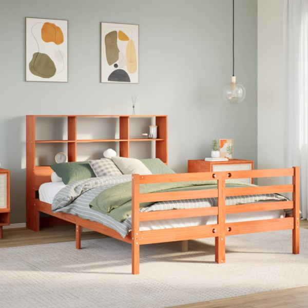 Cama con estantería sin colchón madera maciza marrón 135x190 cm Cama con estantería sin colchón madera maciza marrón 135x190 cm D