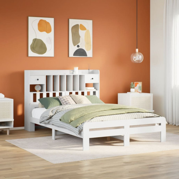 Cama con estantería sin colchón madera maciza blanca 160x200 cm Cama con estantería sin colchón madera maciza blanca 160x200 cm D