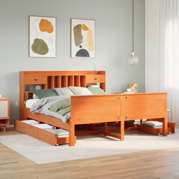 Cama con estantería sin colchón madera maciza marrón 200x200 cm Cama con estantería sin colchón madera maciza marrón 200x200 cm D