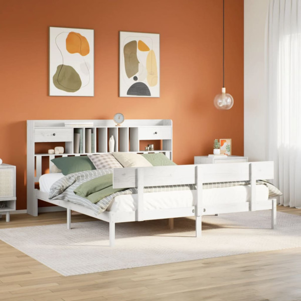 Cama con estantería sin colchón madera maciza blanca 200x200 cm Cama con estantería sin colchón madera maciza blanca 200x200 cm D