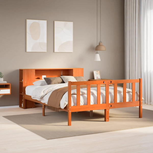 Cama con estantería sin colchón madera maciza marrón 135x190cm Cama con estantería sin colchón madera maciza marrón 135x190cm D