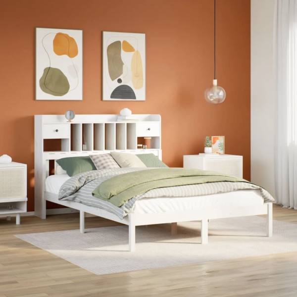 Cama con estantería sin colchón madera maciza blanca 150x200 cm Cama con estantería sin colchón madera maciza blanca 150x200 cm D