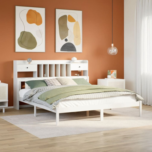 Cama con estantería sin colchón madera maciza blanca 200x200 cm Cama con estantería sin colchón madera maciza blanca 200x200 cm D