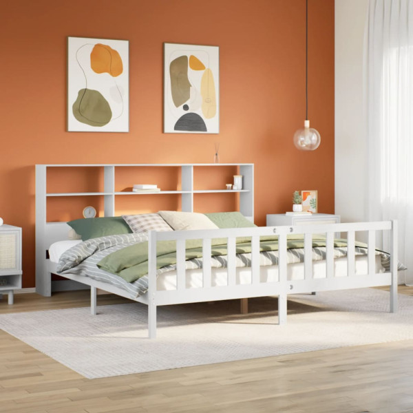 Cama con estantería sin colchón madera maciza blanca 200x200 cm Cama con estantería sin colchón madera maciza blanca 200x200 cm D