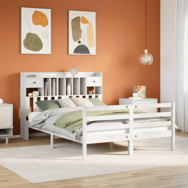 Cama con estantería sin colchón madera maciza blanca 140x190 cm Cama con estantería sin colchón madera maciza blanca 140x190 cm D