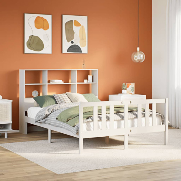 Cama con estantería sin colchón madera maciza blanca 150x200 cm Cama con estantería sin colchón madera maciza blanca 150x200 cm D