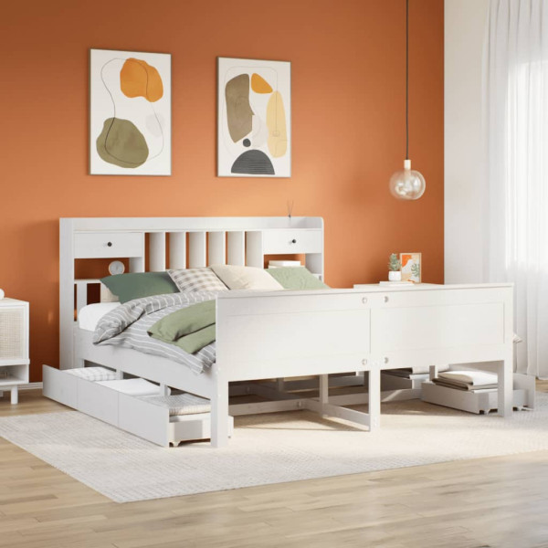 Cama con estantería sin colchón madera maciza blanca 200x200 cm Cama con estantería sin colchón madera maciza blanca 200x200 cm D