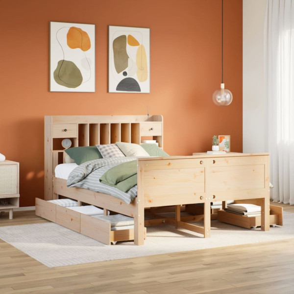 Cama con estantería sin colchón madera maciza de pino 140x190cm Cama con estantería sin colchón madera maciza de pino 140x190cm D