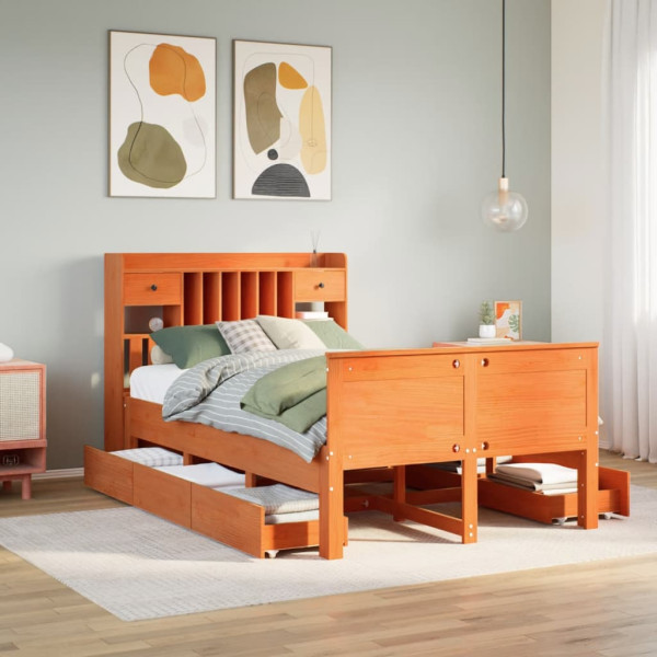 Cama con estantería sin colchón madera maciza marrón 135x190cm Cama con estantería sin colchón madera maciza marrón 135x190cm D