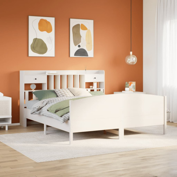 Cama con estantería sin colchón madera maciza blanca 200x200 cm D