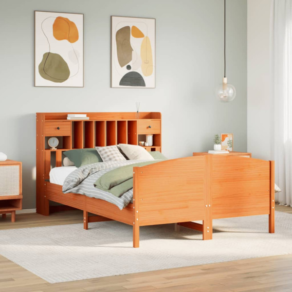 Cama con estantería sin colchón madera maciza marrón 140x190 cm D