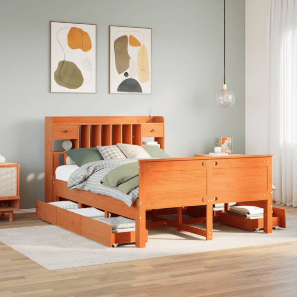 Cama con estantería sin colchón madera maciza marrón 160x200 cm Cama con estantería sin colchón madera maciza marrón 160x200 cm D