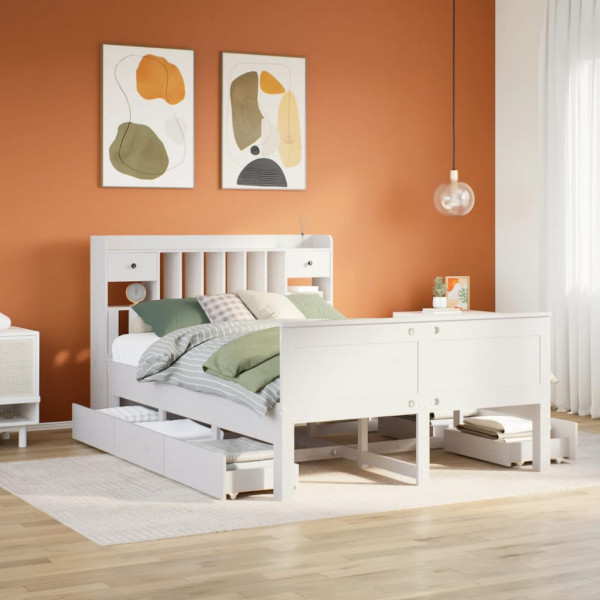 Cama con estantería sin colchón madera maciza blanca 140x190 cm Cama con estantería sin colchón madera maciza blanca 140x190 cm D
