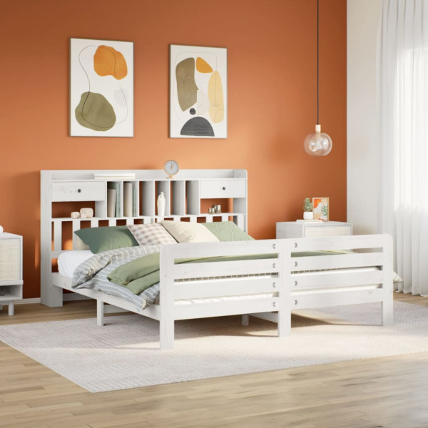 Cama con estantería sin colchón madera maciza blanca 180x200 cm D