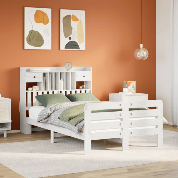 Cama con estantería sin colchón madera maciza blanca 135x190 cm Cama con estantería sin colchón madera maciza blanca 135x190 cm D