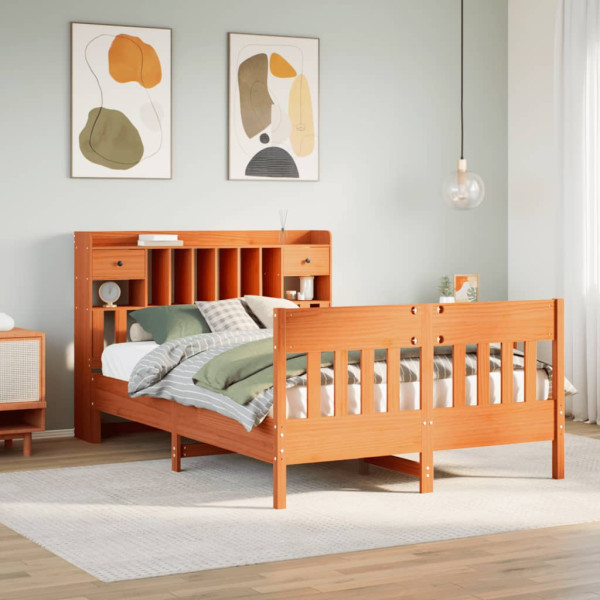 Cama sin colchón madera maciza de pino marrón cera 140x200 cm D