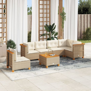 Set sofás de jardín 7 piezas y cojines ratán sintético beige D