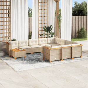 Set de sofás de jardín 11pzas con cojines ratán sintético beige D