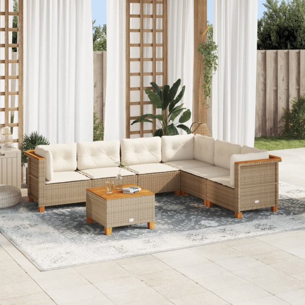 Set sofás de jardín 7 piezas y cojines ratán sintético beige D