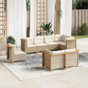 Set de sofás de jardín y cojines 8 piezas ratán sintético beige D