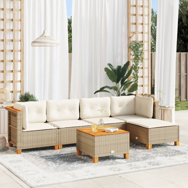 Conjunto de sofá de jardim com almofadas 6 peças de rattan sintético bege D