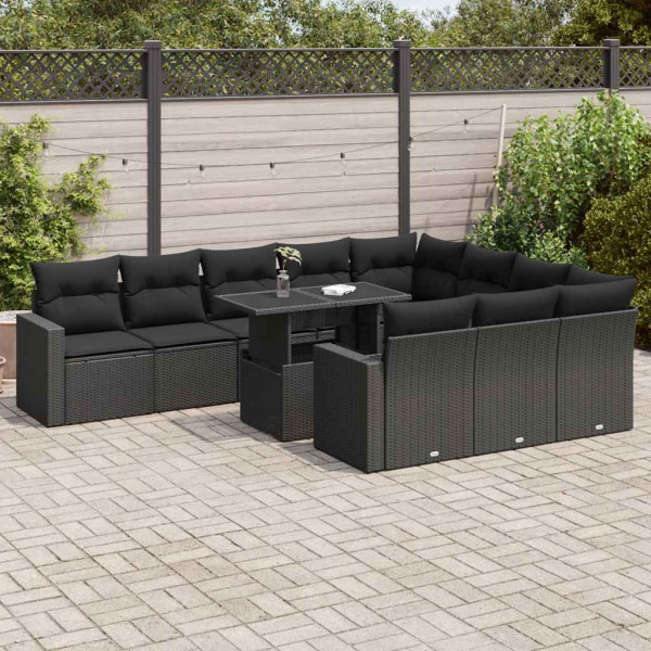 Set de sofás de jardín 11 pzas y cojines ratán sintético negro D