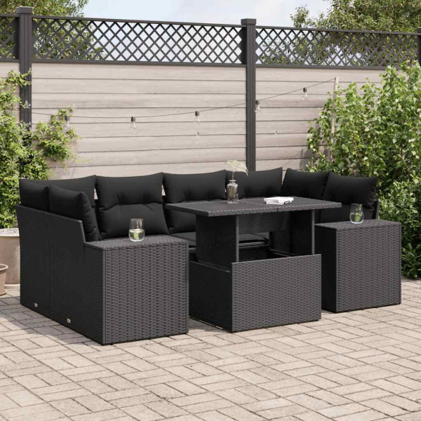 Set de sofás de jardín 7 pzas con cojines ratán sintético negro Set de sofás de jardín 7 pzas con cojines ratán sintético negro D