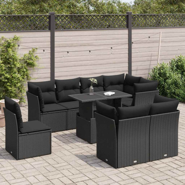 Set de sofás de jardín con cojines 9 pzas ratán sintético negro D