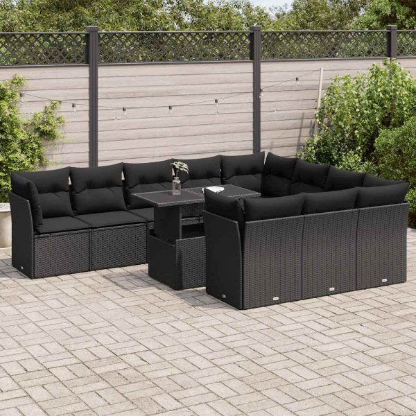 Set de sofás de jardín 11 pzas y cojines ratán sintético negro D