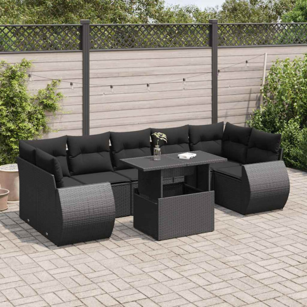 Set de sofás de jardín y cojines 8 piezas ratán sintético negro D