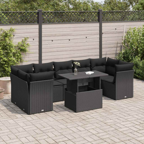 Set de sofás de jardín y cojines 8 piezas ratán sintético negro D