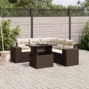 Set sofás de jardín 6 piezas y cojines ratán sintético marrón D