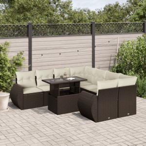 Set de sofás de jardín 9 pzas y cojines ratán sintético marrón D