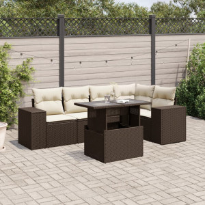 Set sofás de jardín 6 piezas y cojines ratán sintético marrón D