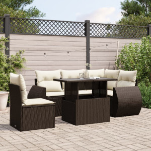 Set sofás de jardín 6 piezas y cojines ratán sintético marrón D