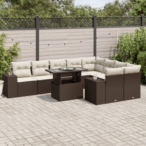 Set de sofás de jardín 10 pzas y cojines ratán sintético marrón D