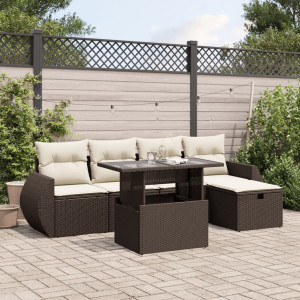 Set sofás de jardín 6 piezas y cojines ratán sintético marrón D