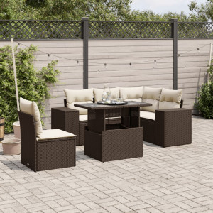 Set sofás de jardín 6 piezas y cojines ratán sintético marrón D