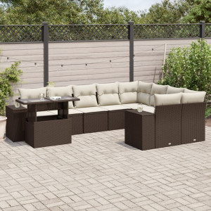 Set de sofás de jardín 10 pzas y cojines ratán sintético marrón D