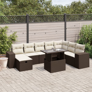 Set de sofás de jardín 9 pzas y cojines ratán sintético marrón D