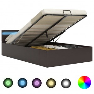 Cama canapé hidráulica con LED cuero sintético gris 160x200 cm D